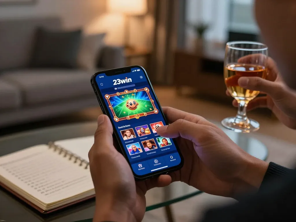 Engaging smartphone gameplay on 23win app in stylish home, focusing on strategic betting.