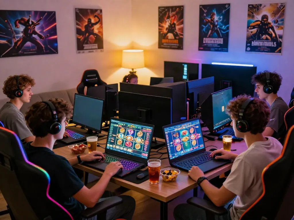 Friends enjoying akunjp slot gaming session in vibrant living room.