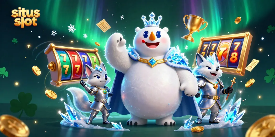 Bermain situs slot dengan jackpot dan simbol keberuntungan yang menyenangkan di latar belakang yang berkilauan.