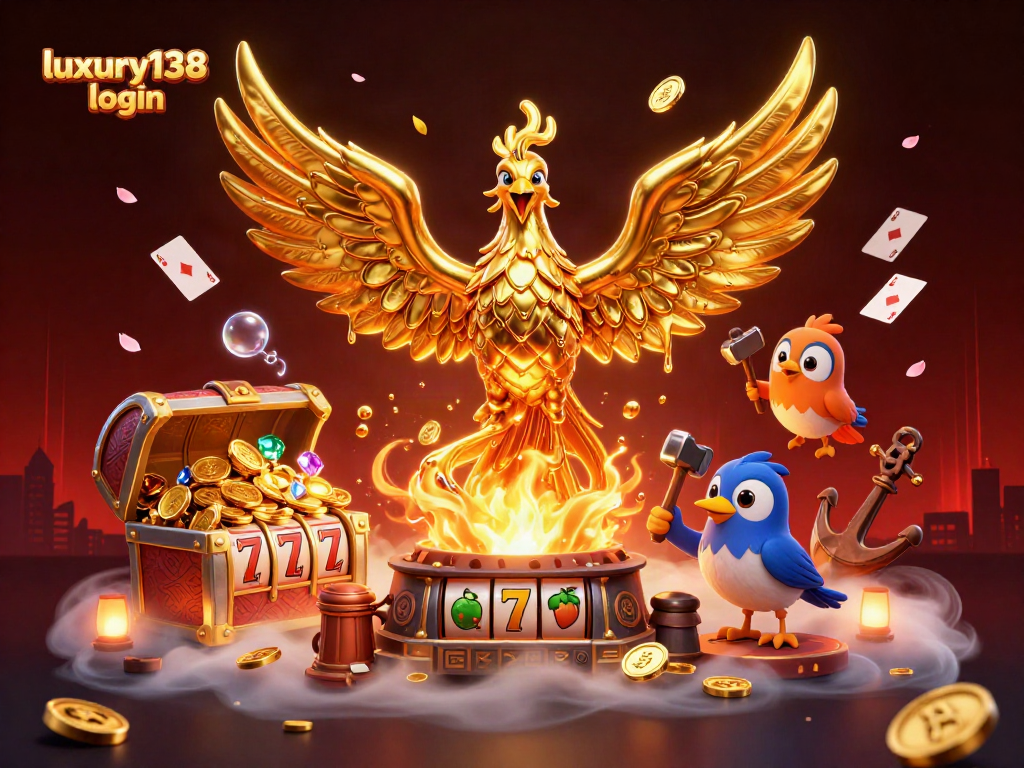 Mengakses luxury138 login dengan ilustrasi kasino mewah, menampilkan burung phoenix dan banyak simbol permainan.