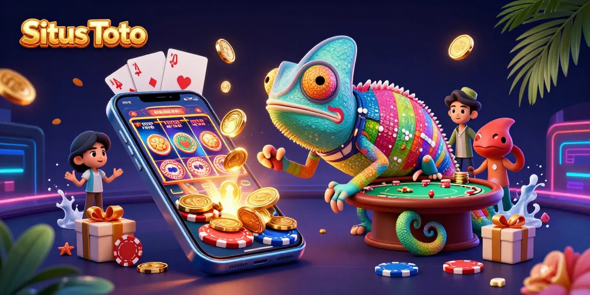 Situs Toto chameleon casino owner snatches golden coins in a vibrant 3D illustration.