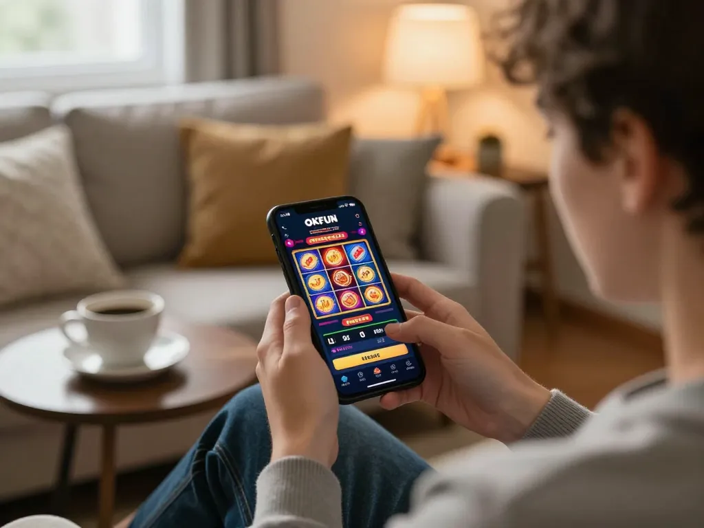 Player engaging with exciting slot machine graphics on the OKFUN app for immersive mobile gaming experiences