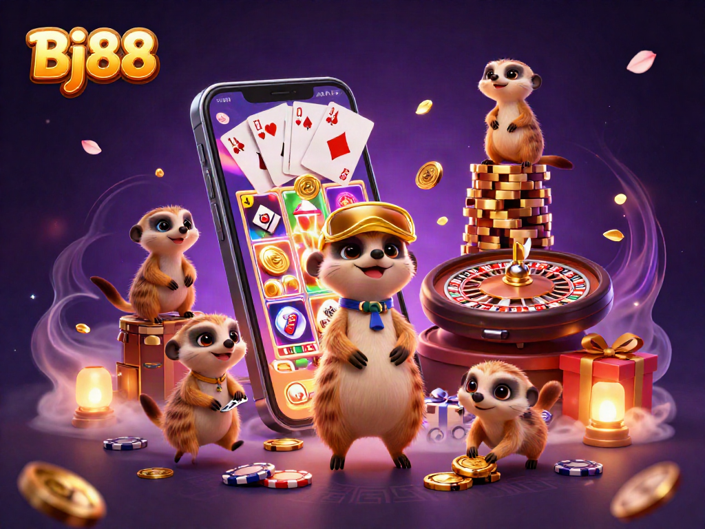 Experience thrilling gameplay at Bj88 with meerkats in an exciting casino atmosphere.