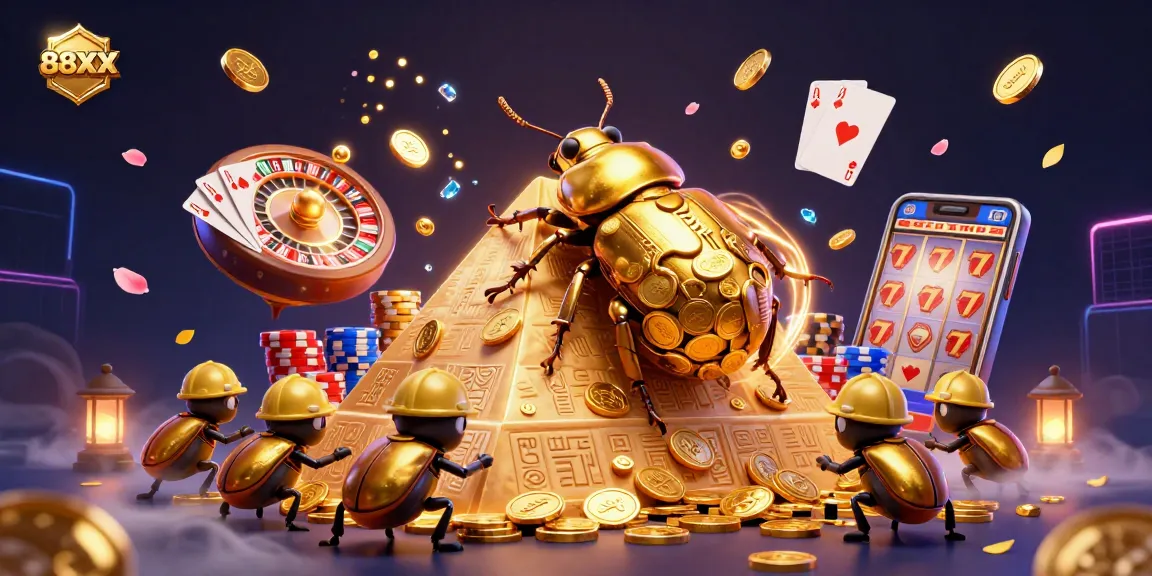 Engage with 88XX as a golden beetle rolls coins up a pyramid, showcasing casino excitement.