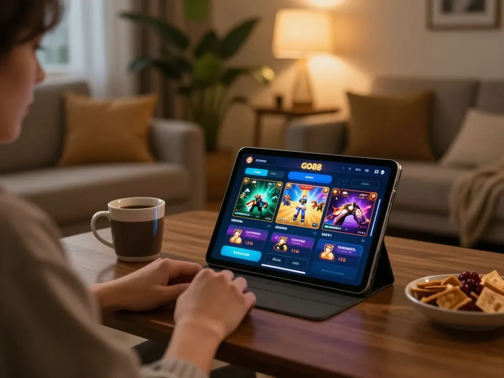 Play the GO88 casino app while enjoying a cozy home setup with snacks and warm lighting