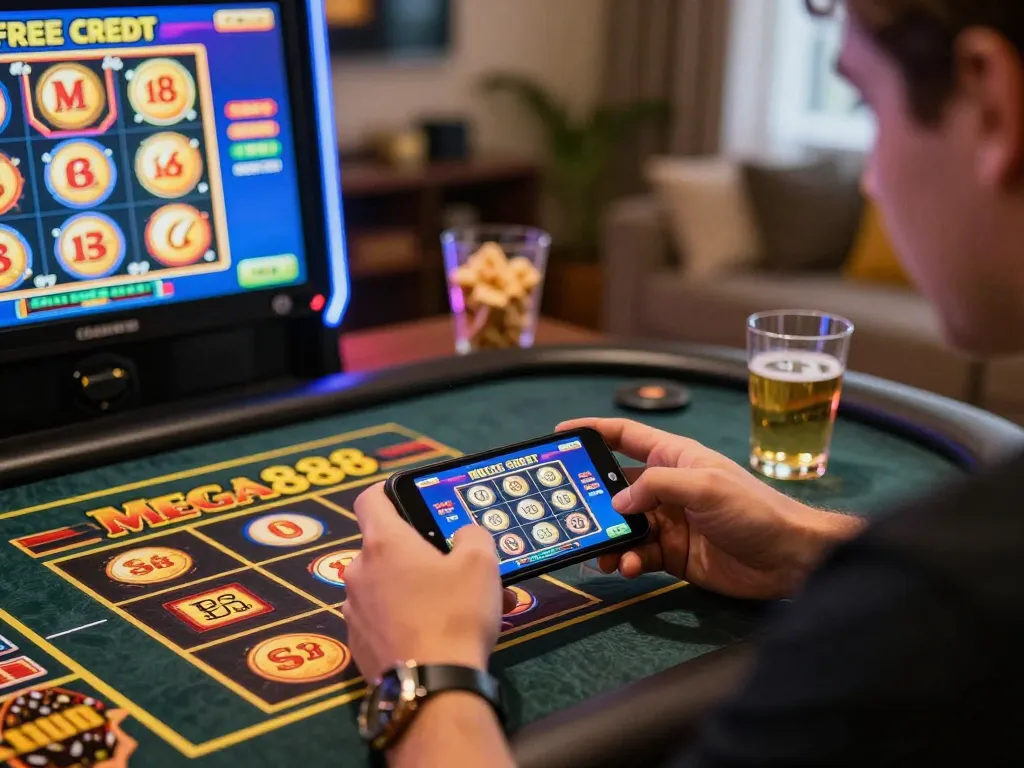 Engaging home gaming scene showcasing a player maximizing free credit Mega888 on their smartphone amidst colorful slot graphics.