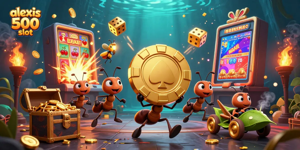 Engaging scene of the alexis 500 slot heist with 3D ants and a golden poker chip.
