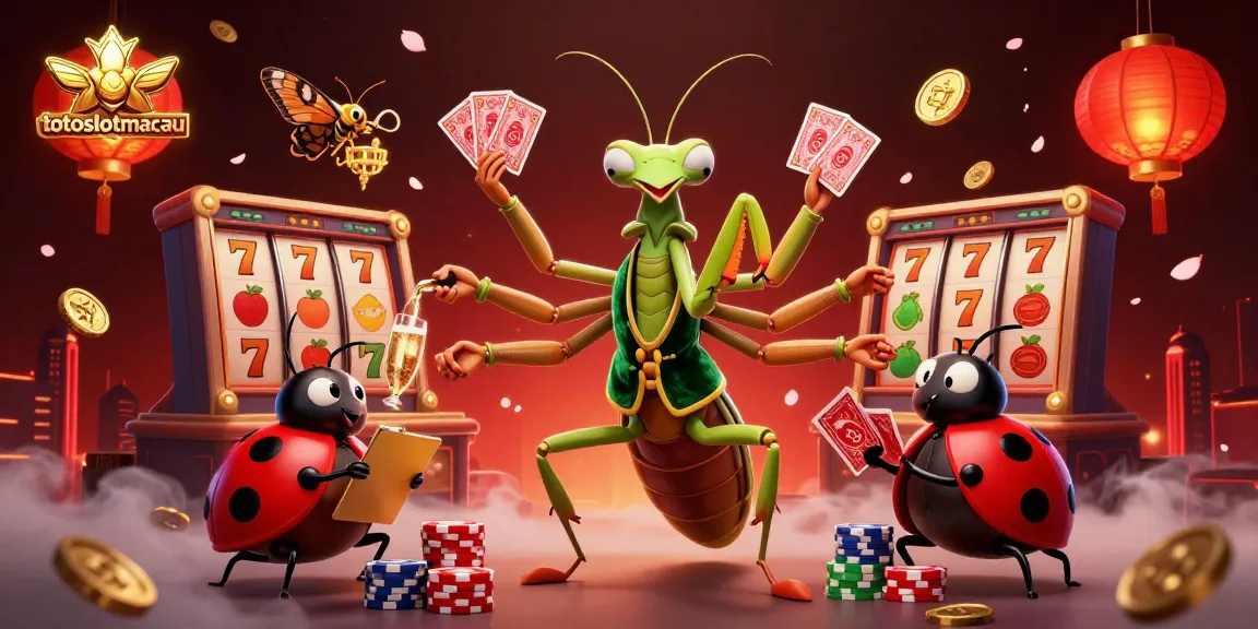 Experience thrilling action at toslotsmacau with giant mantis card sharps and ladybug pit bosses in a vibrant casino scene.