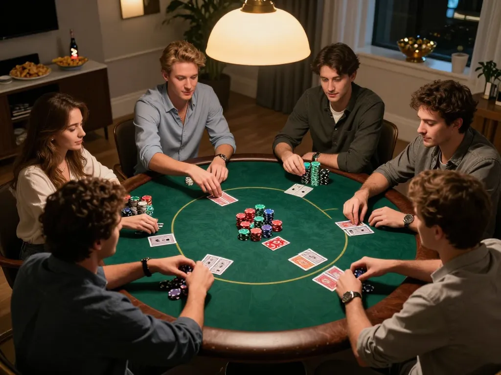 Friends enjoying an exciting home poker night with caricature Chatgpt-inspired fun.