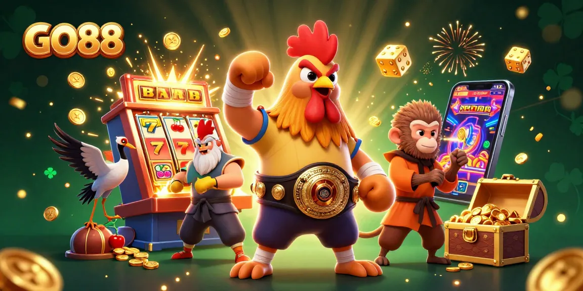 Experience GO88's adrenaline with a vibrant 3D casino scene featuring a Muay Thai rooster and jackpot explosions.