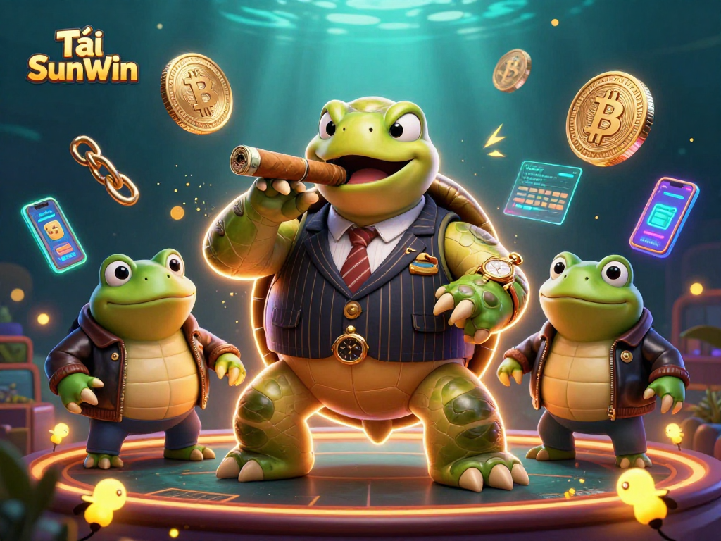 Tải SunWin showcases a massive snapping turtle casino boss surrounded by crypto elements, creating an engaging gaming atmosphere.