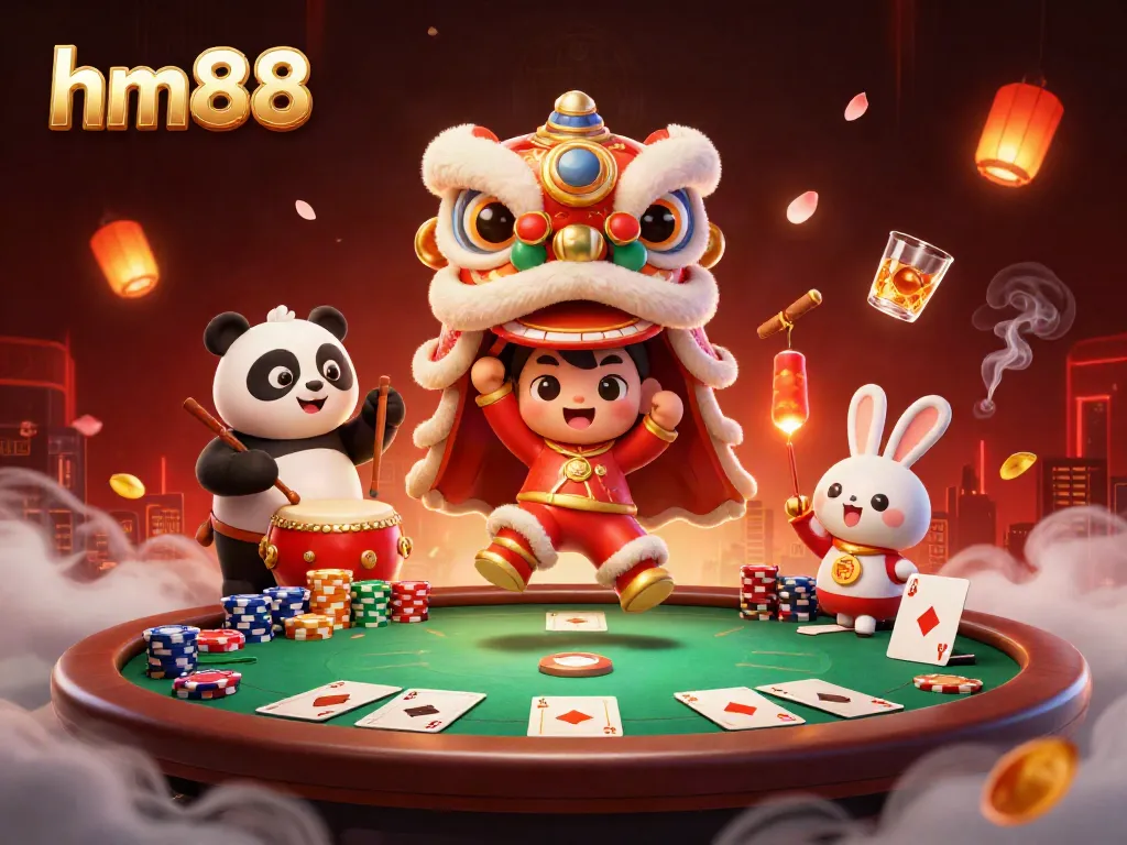 Experience exhilarating gameplay with hm88's dynamic casino scene featuring vibrant characters and poker elements.