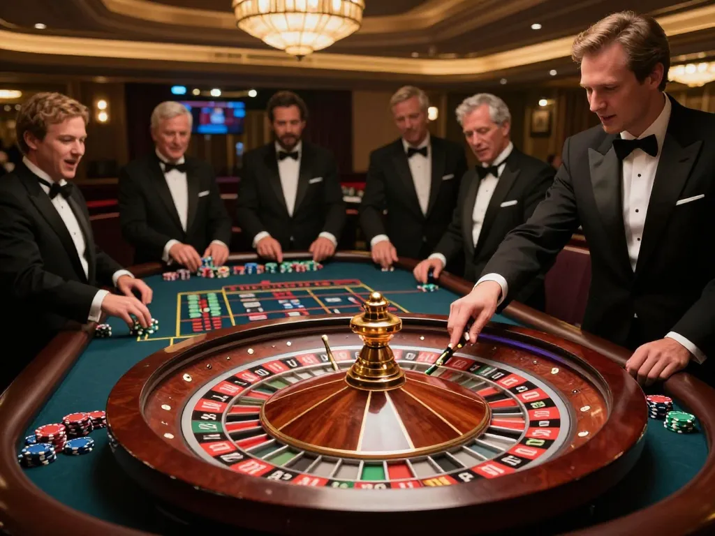 Experience the thrill of ดูหนังใหม่ while placing bets at an energetic roulette table in a luxurious casino.