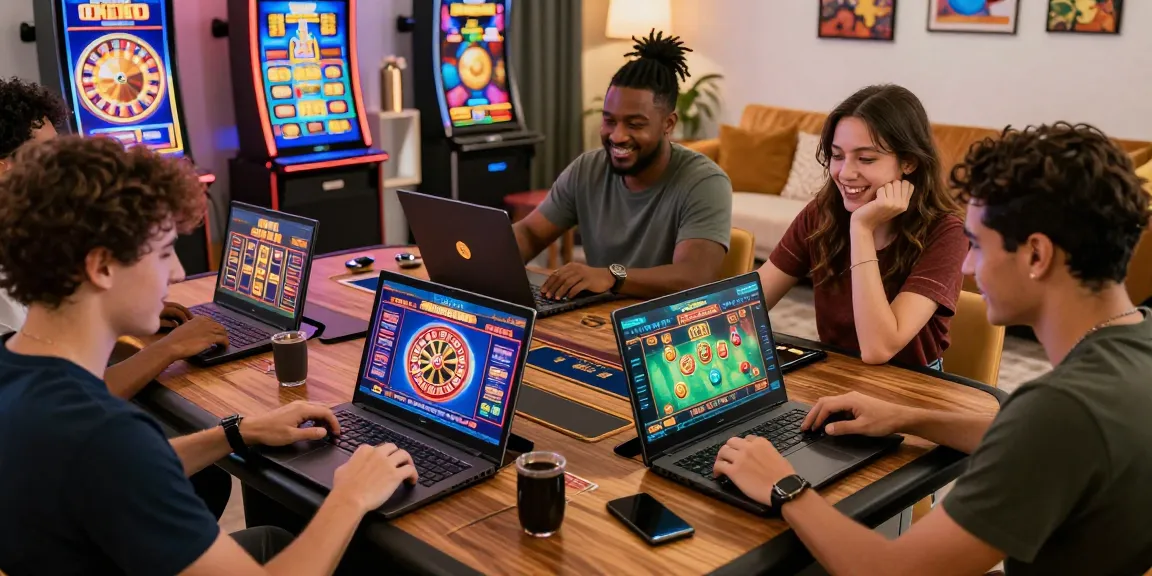 Engaged players enjoying casino games on Jackpot City Online in a vibrant home setting.