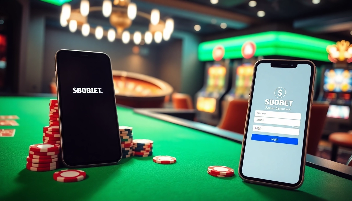 Simplify your sbobet login indonesia experience with a mobile device showing an online betting interface surrounded by vibrant casino elements.