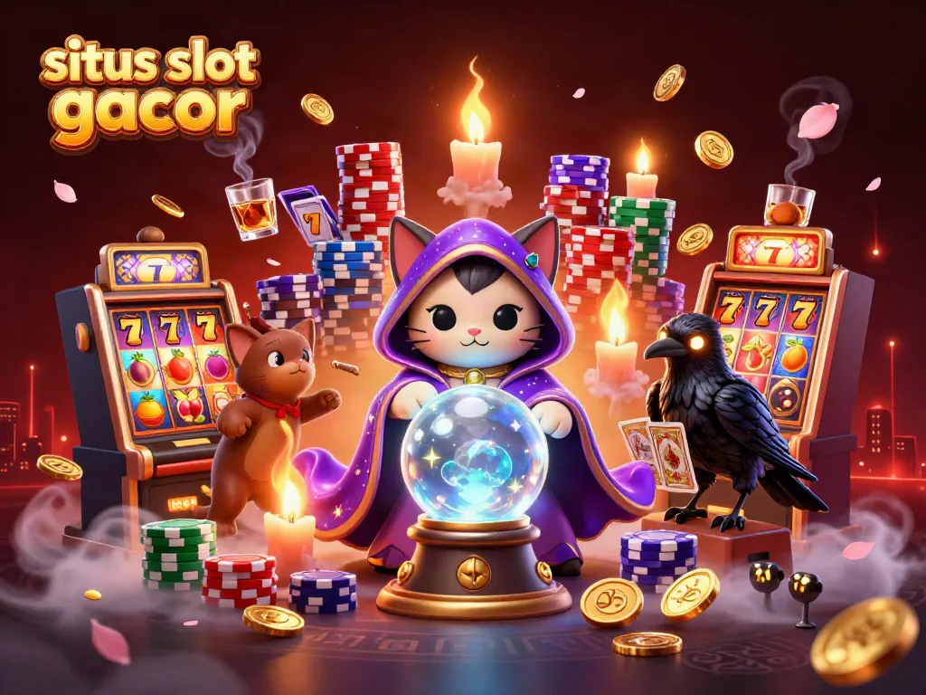 Raih kemenangan dengan situs slot gacor, seorang kucing peramal dan burung gagak di dunia mesin slot yang berkilauan.