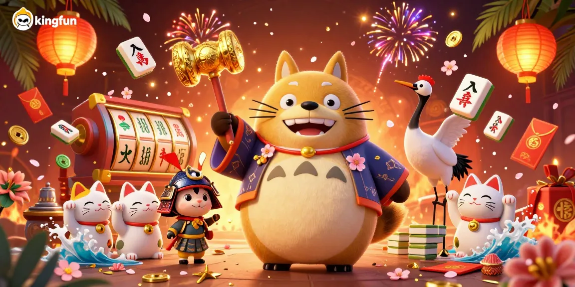 Engage in thrilling games at kingfun while enjoying vibrant 3D illustrations of lucky characters and casino elements.