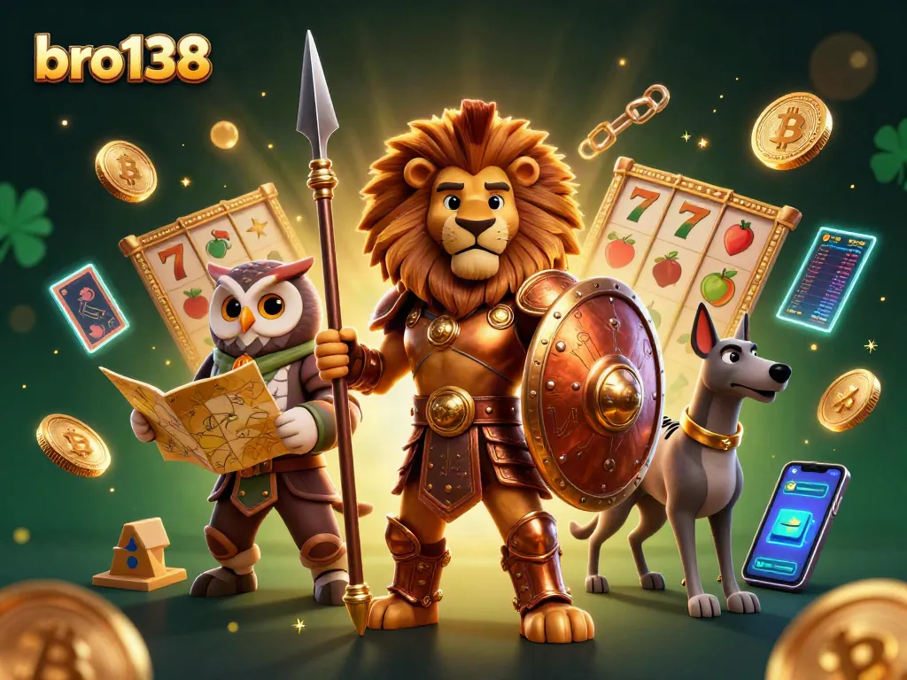 Engage in bro138 slots with a gladiator lion, owl strategist, and swift greyhound, surrounded by crypto coins and vibrant symbols.