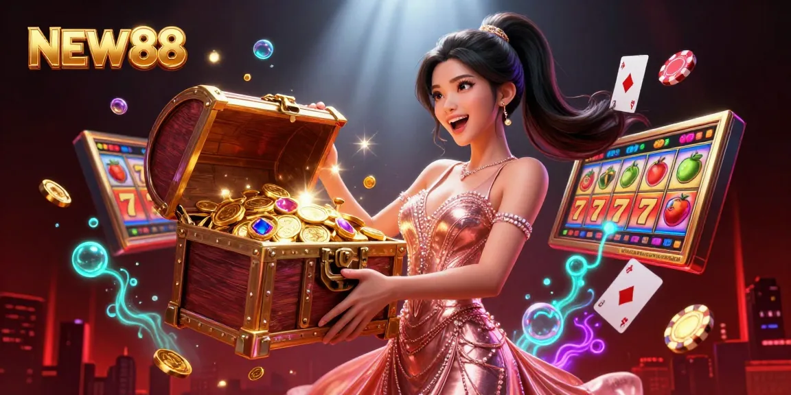 Experience exciting moments at NEW88 with a treasure chest of winnings, surrounded by vibrant casino elements.