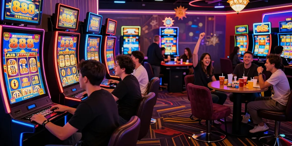 Pengalaman bermain 888 slots di kasino modern dengan teman-teman yang bersorak merayakan jackpot.