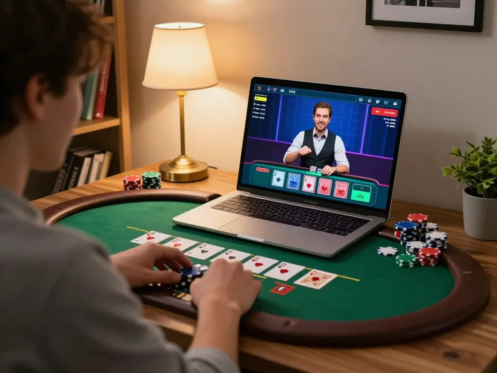BONGDALU player participating in live dealer blackjack at home, showcasing strategic gameplay and engaging interface.