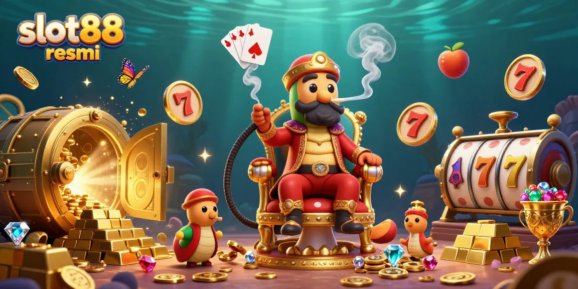 Play slot88 resmi with exciting slot reels and treasure elements in this vibrant 3D casino scene.