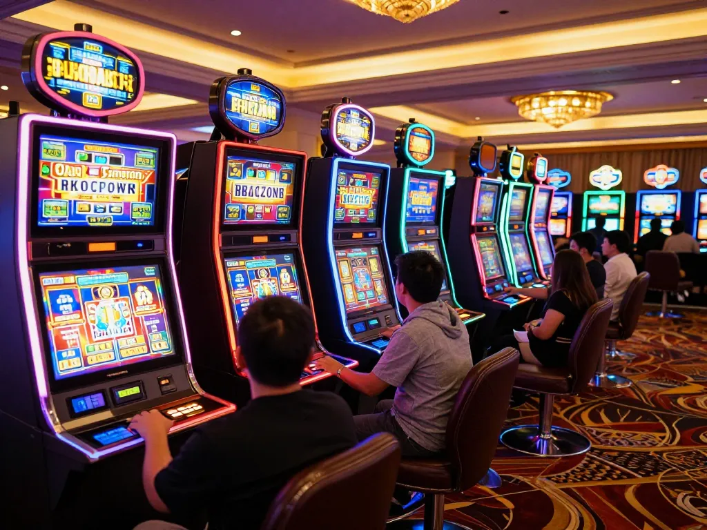 Players engaging with exciting link slot machines in a lively casino atmosphere