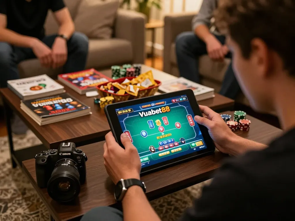 Vuabet88 online poker game being played at home with focused player and strategy books nearby.