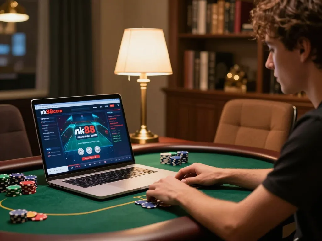 Engaging in strategic gameplay on nk88 com while using a laptop in a cozy home gaming setup.