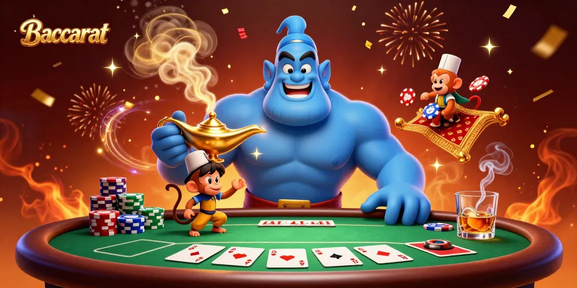 Baccarat game elements illustrate a dynamic scene with a genie and poker characters celebrating amidst colorful chips.