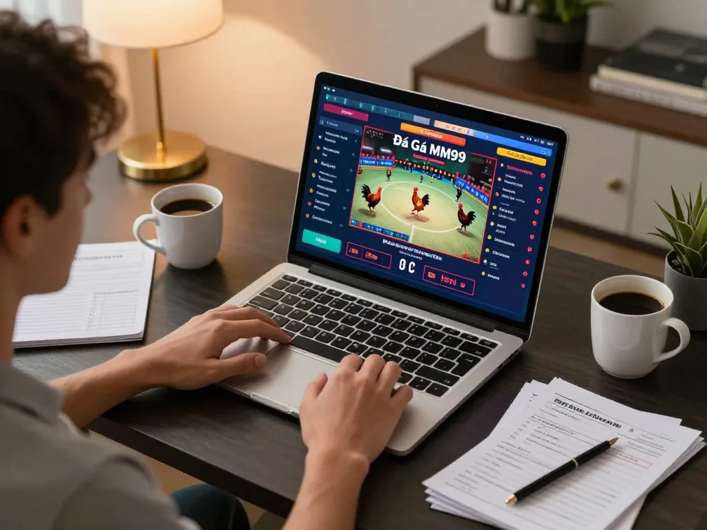 Engaging home betting scene on Đá Gà MM99 with a person placing live bets.