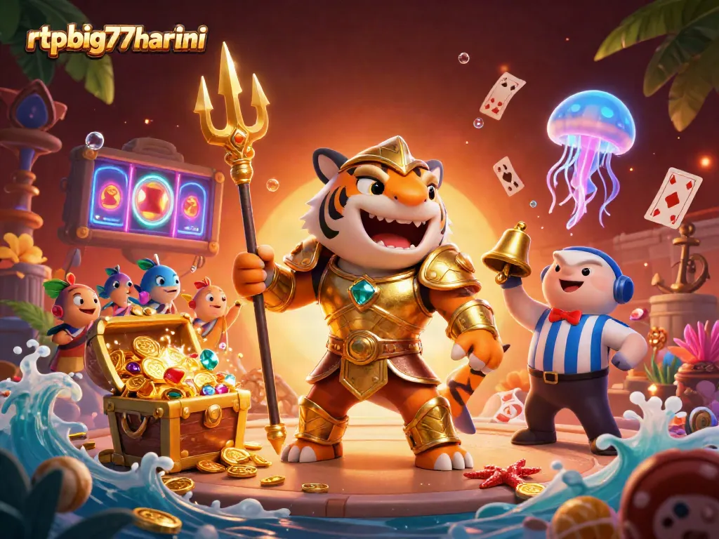 Watch the rtpbig777hariini tiger shark conquer the underwater slot arena in a vibrant 3D illustration.