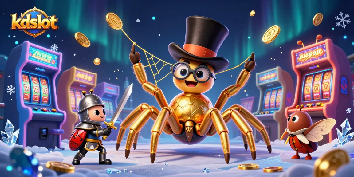 Engage with kdslot through a vibrant 3D scene featuring a golden tarantula and beetle knight in a casino atmosphere.