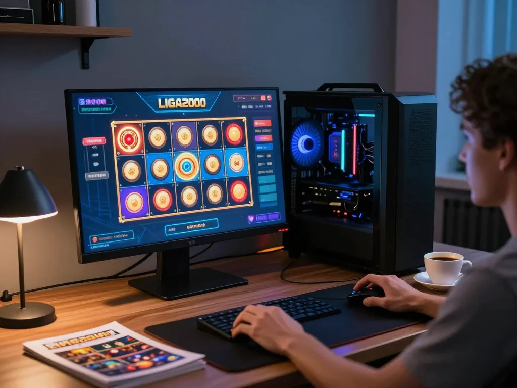 LIGA2000 gaming session on desktop with vibrant slot graphics and strategic setup.
