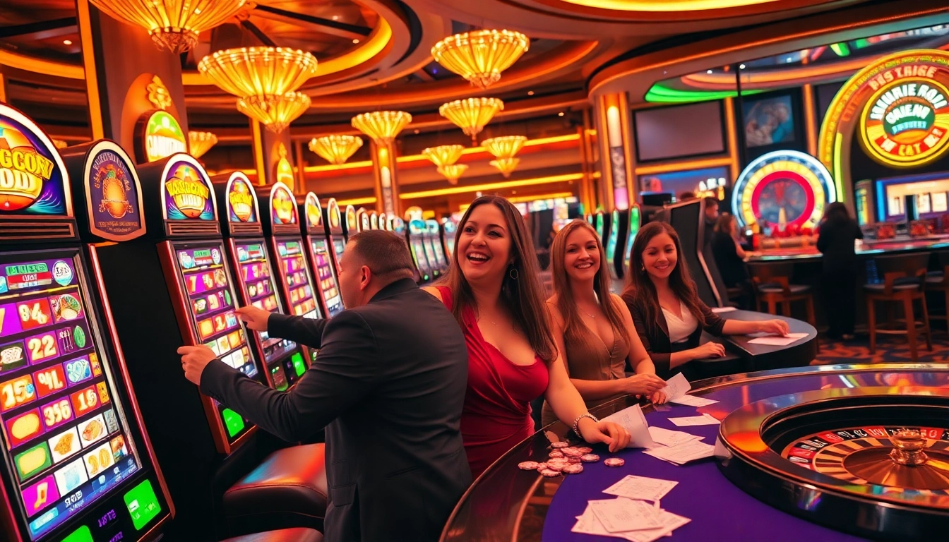 Players enjoying slot gacor machines in a vibrant casino environment filled with colors and excitement.