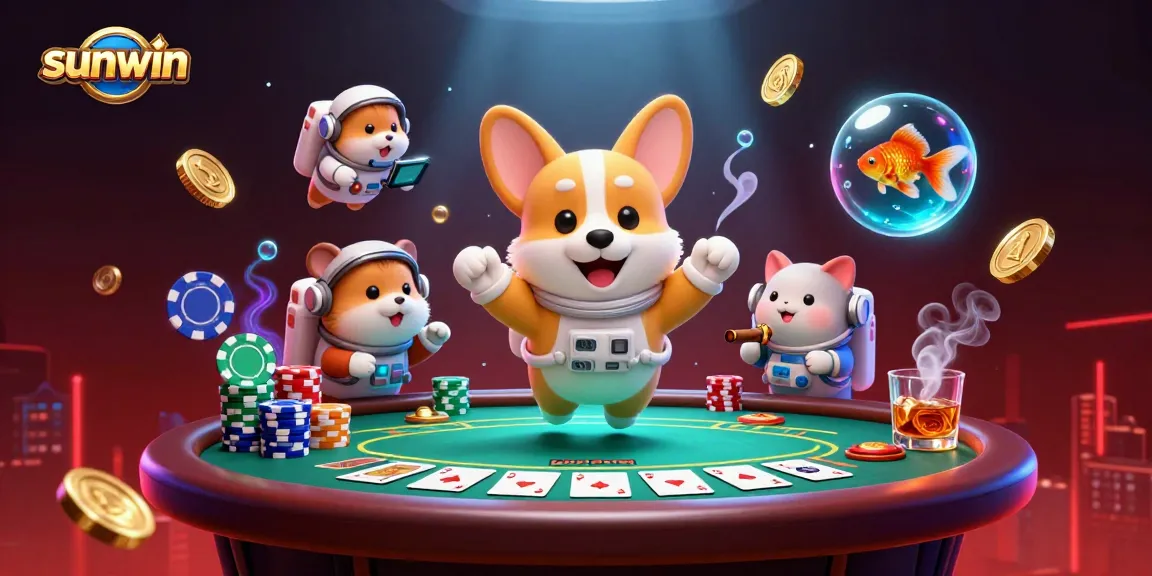 Watch the sunwin corgi in space playing poker with friends in this vibrant casino scene.