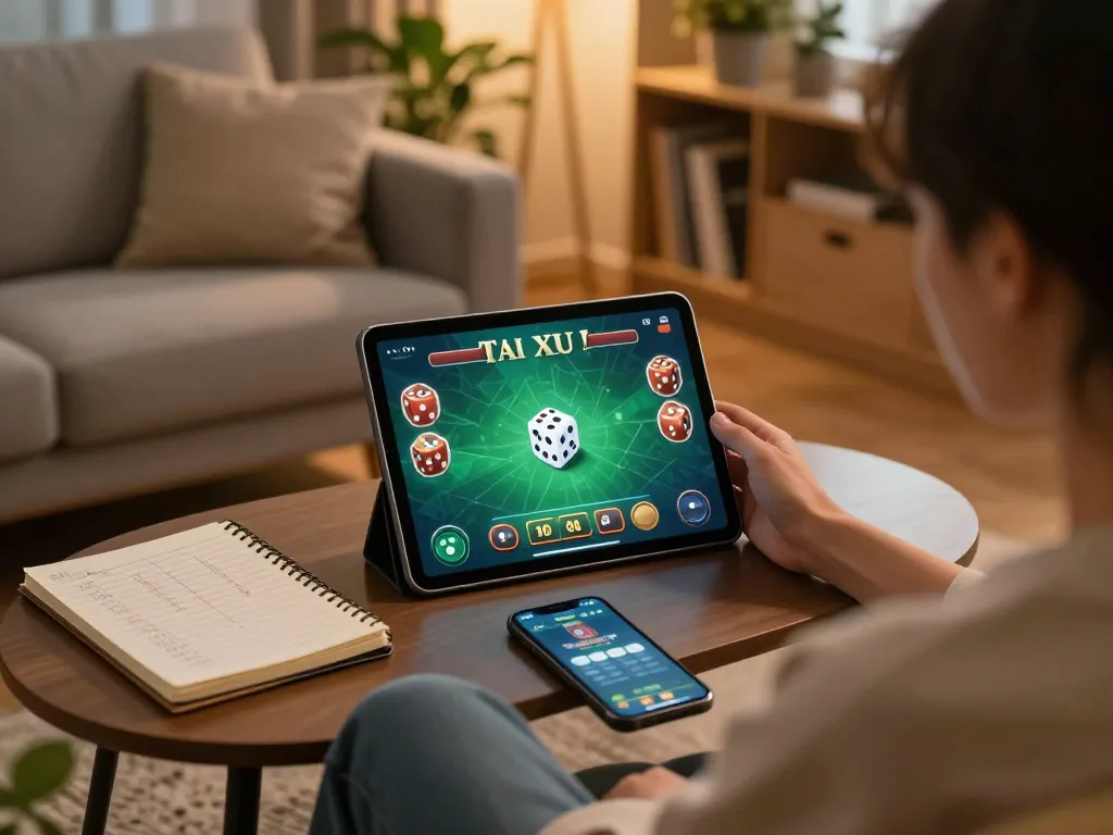 Tai Xiu online gaming experience at home with strategic betting notes on display.