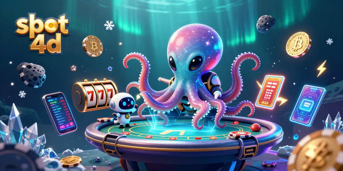 Experience the thrill of slot 4d gameplay with a cartoon alien octopus and robot at a vibrant poker table.