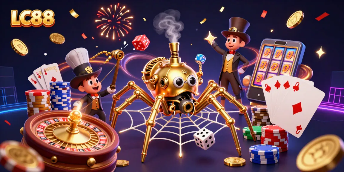 Experience thrilling online games with LC88's engaging 3D casino illustration showcasing excitement and entertainment.