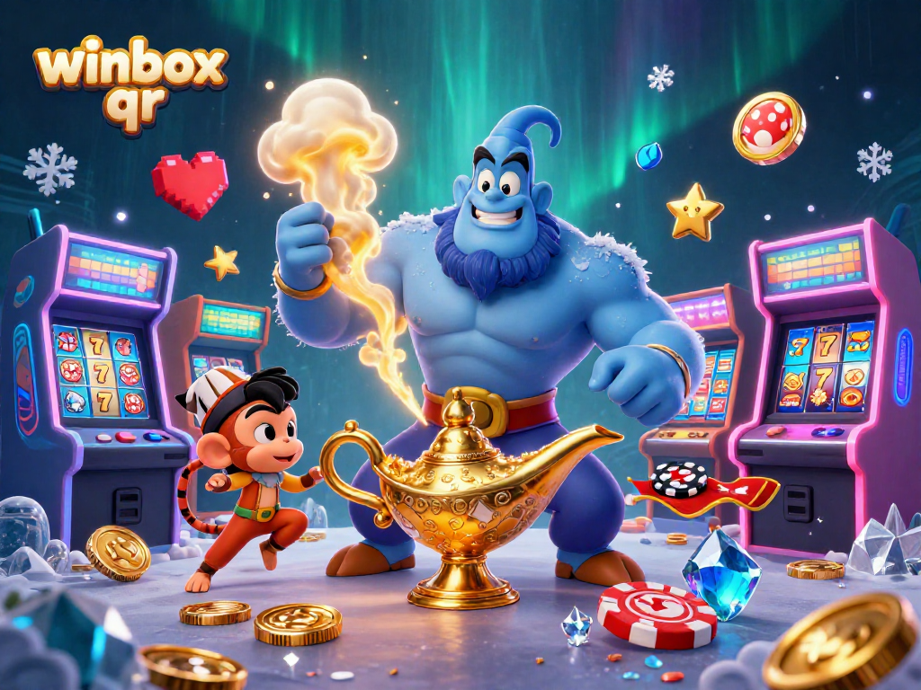 Experience the winbox qr magic with a genie, poker chips, and vibrant casino elements!