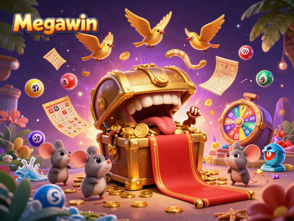 Menangkan permainan slot dengan Megawin melalui peti harta karun berkilau dan bola lotere berwarna-warni.