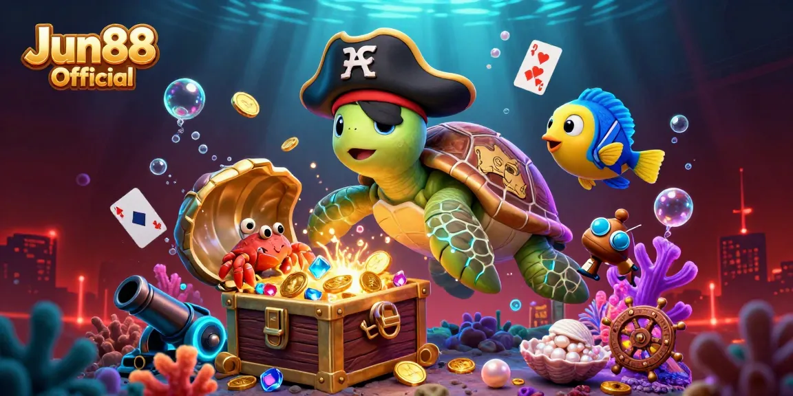 Join the fun at Jun88 Official with a vibrant illustration of a pirate turtle, hermit crab, and parrotfish surrounded by casino treasures.