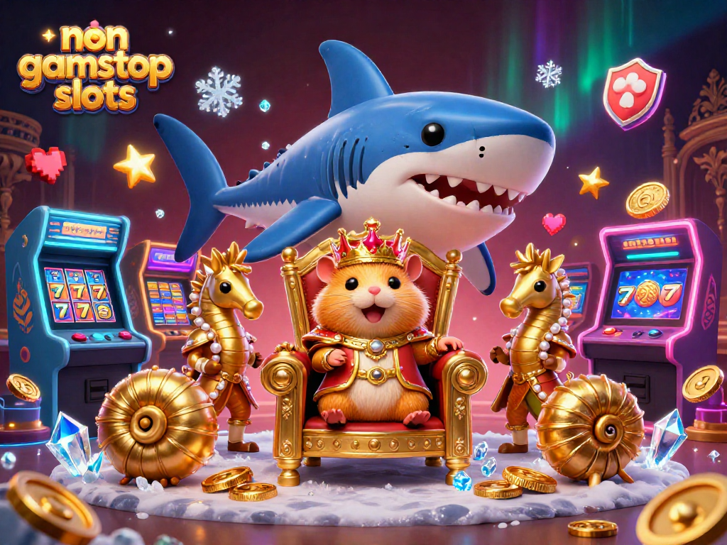 Engage with non gamstop slots featuring a hamster king on a shark throne with vibrant gaming elements.