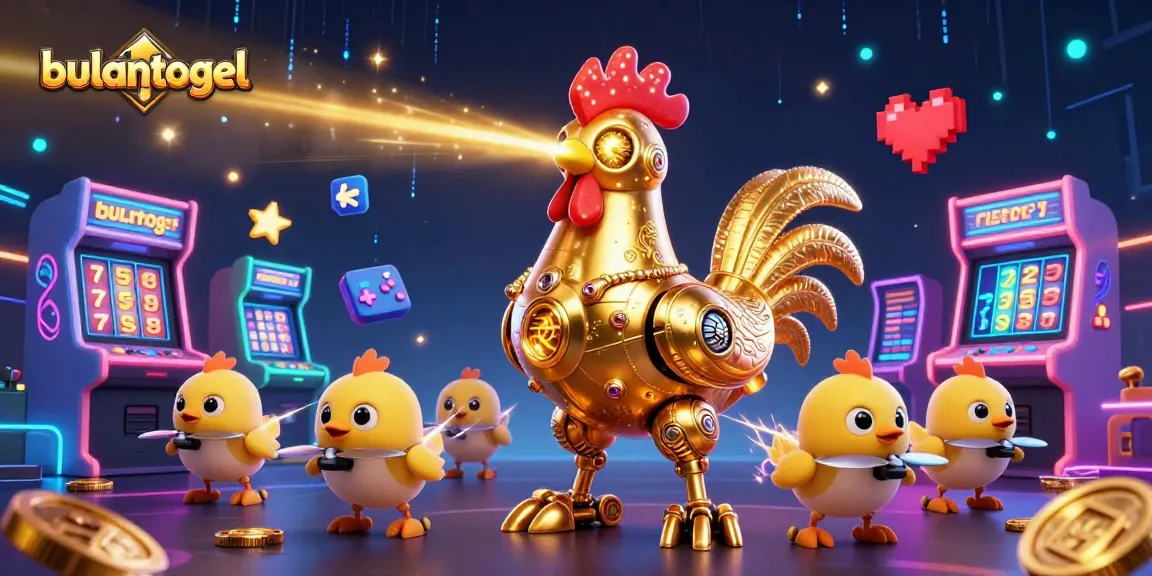 Berdasarkan bulantogel, robot ayam emas futuristik tampil menembakkan laser di kasino yang penuh warna.