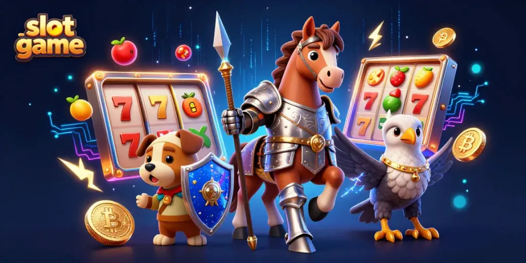 Engage in an exciting slot game with knights, puppies, and golden coins amidst vibrant 3D details.