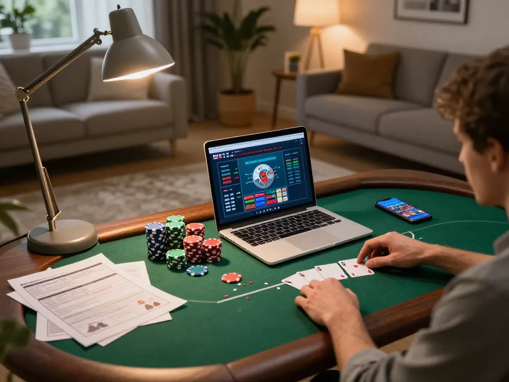 Player engaging with lc88 poker game on a laptop at home with colorful chips and strategy notes