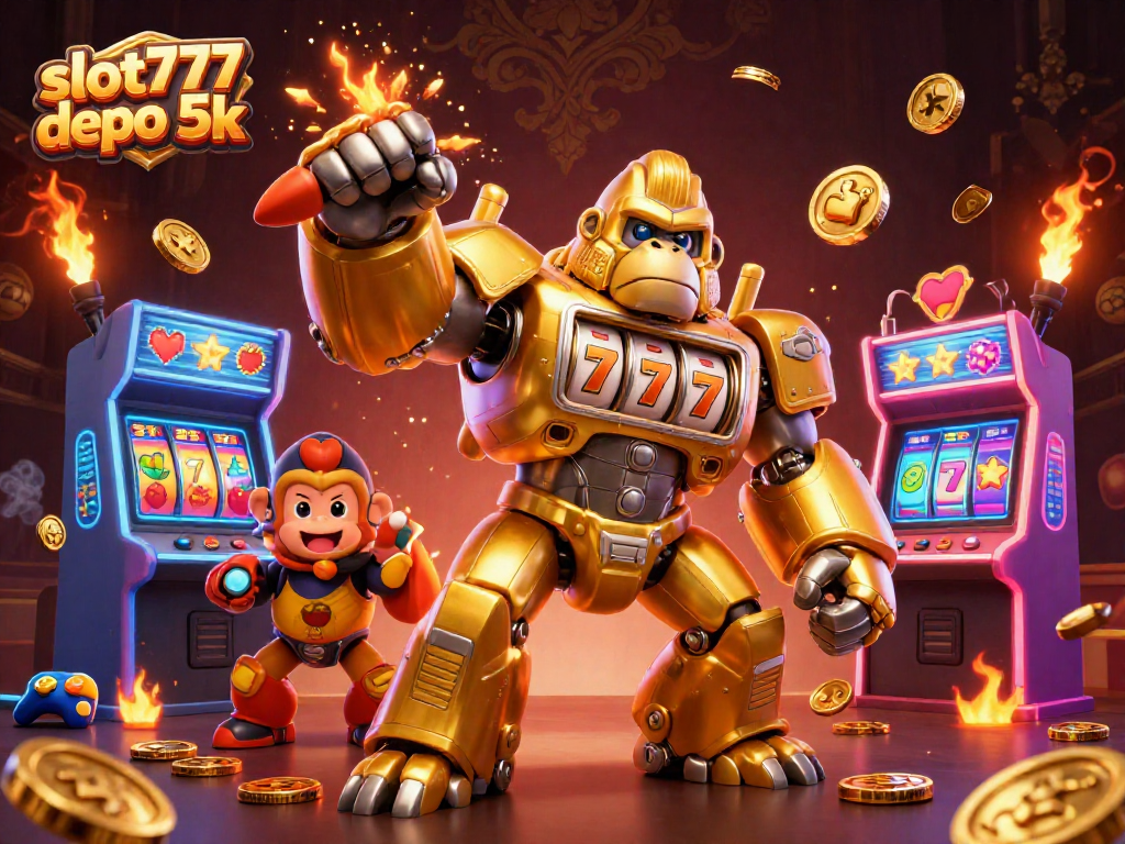 Spin to win with slot777 depo 5k as the golden gorilla mech and coins fly!