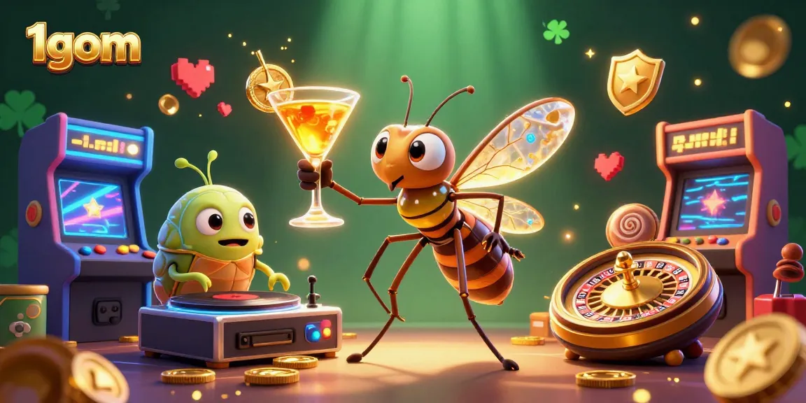 Engage with 1gom's dynamic gaming scene featuring unique casino mascots and vibrant gaming elements.