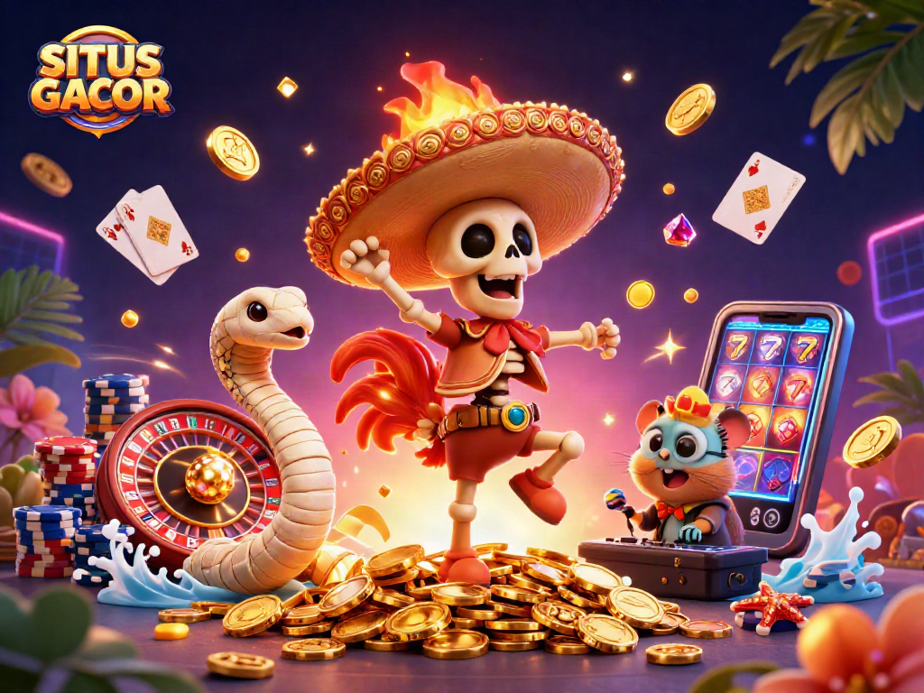 SITUS GACOR showcases vibrant casino characters in a festive gambling scene, celebrating wins with gold.