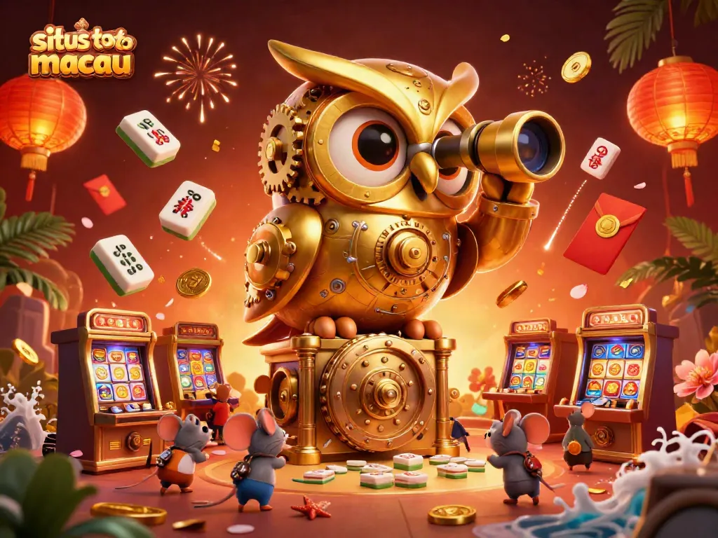 Visualisasikan situs toto macau dengan burung hantu emas yang mengawasi lantai kasino dan para pemain kecil di sekitarnya.